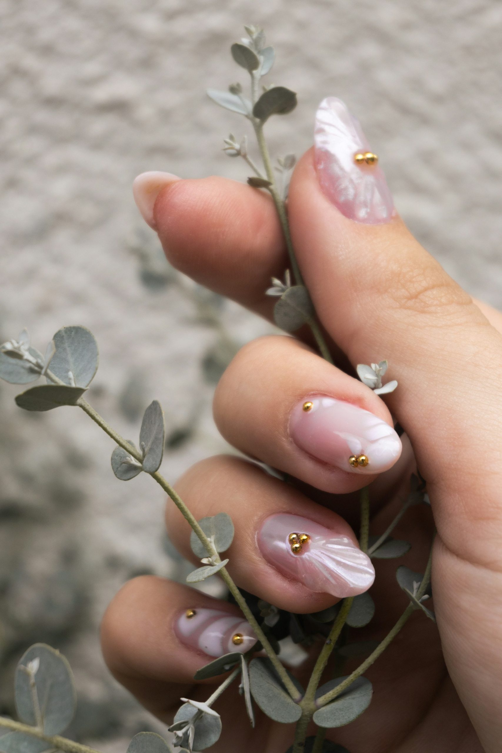 Natural, softly buffed nails holding a sprig of eucalyptus